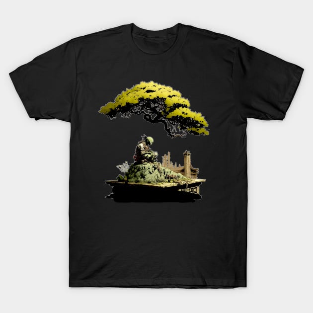 Contemplating the Complexities Under the Japanese Bonsai Tree No. 1 on a Dark Background T-Shirt by Puff Sumo